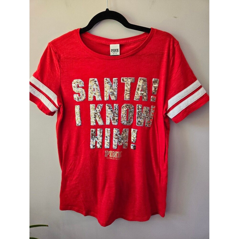 PINK Victoria's Secret Red Sequin 'SANTA! I KNOW HIM!' Graphic Tee-M